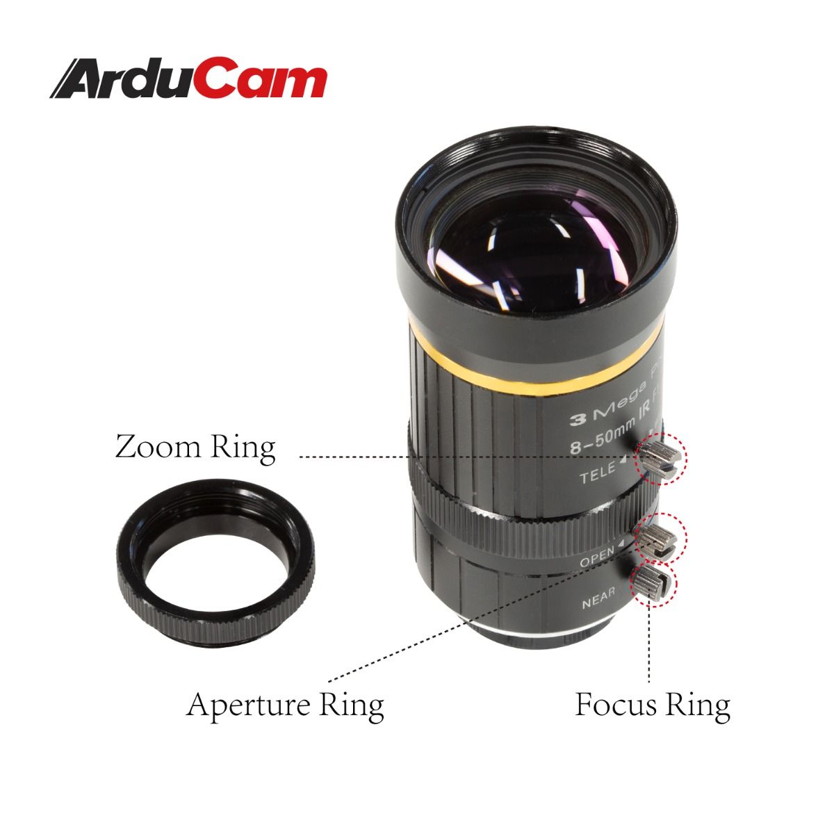 Arducam 8-50mm C-Mount Zoom Lens for IMX477 Raspberry Pi HQ Camera, with C-CS Adapter