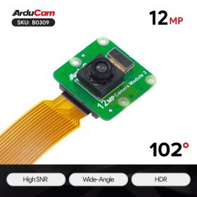 Arducam 12MP IMX708 102 Degree Wide-Angle Fixed Focus HDR High SNR Camera Module for Raspberry Pi